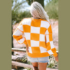 Orange Checkered Bishop Sleeve Sweater - VacationGrabs