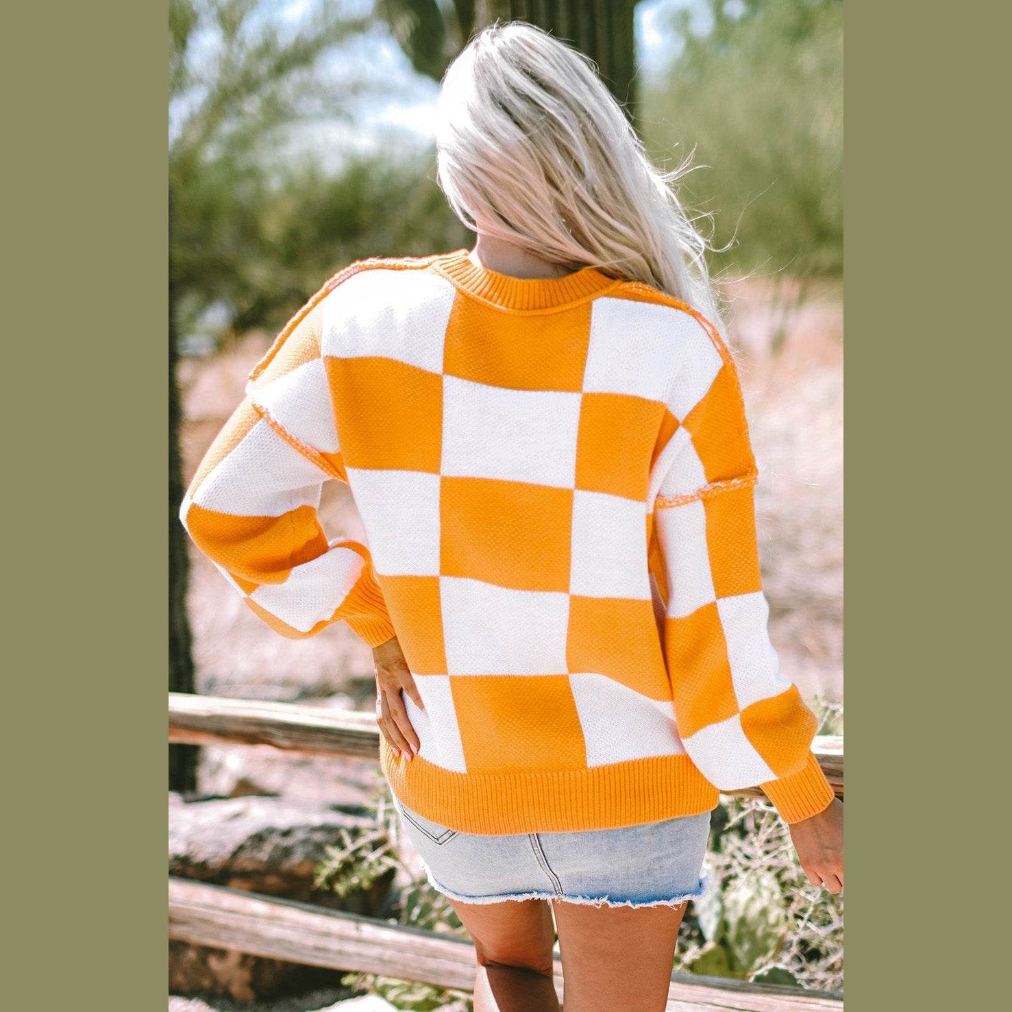 Orange Checkered Bishop Sleeve Sweater - VacationGrabs