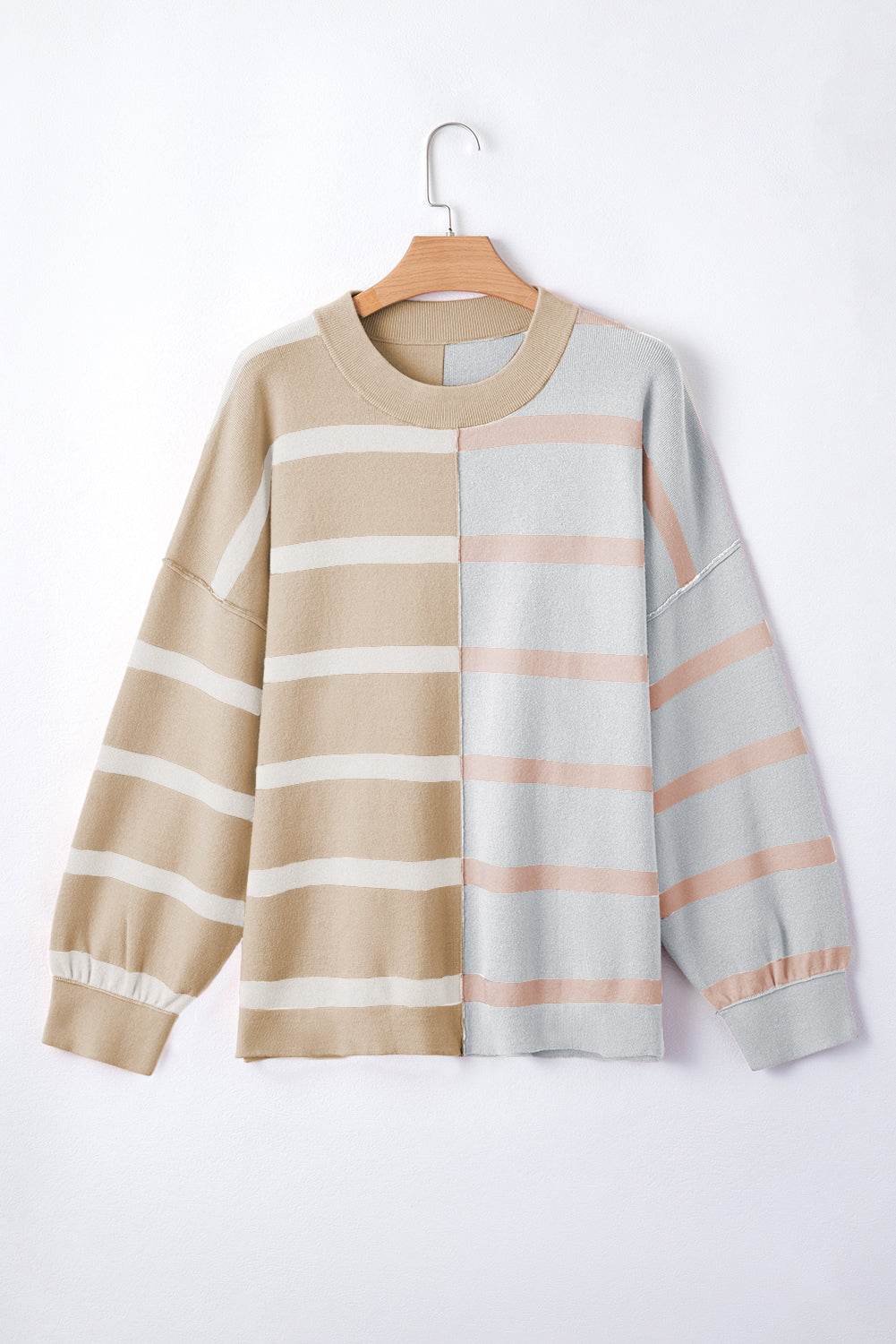 Khaki Stripe Colorblock Oversized Sweater - VacationGrabs