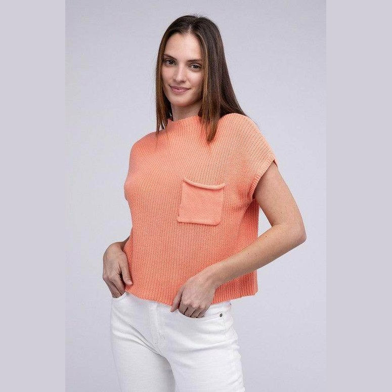Mock Neck Short Sleeve Cropped Sweater - VacationGrabs