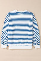 JUNIPER BLVD striped drop shoulder sweatshirt in blue and white with balloon sleeves