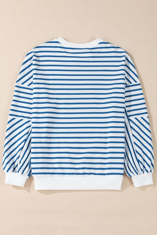 JUNIPER BLVD striped drop shoulder sweatshirt in blue and white with balloon sleeves