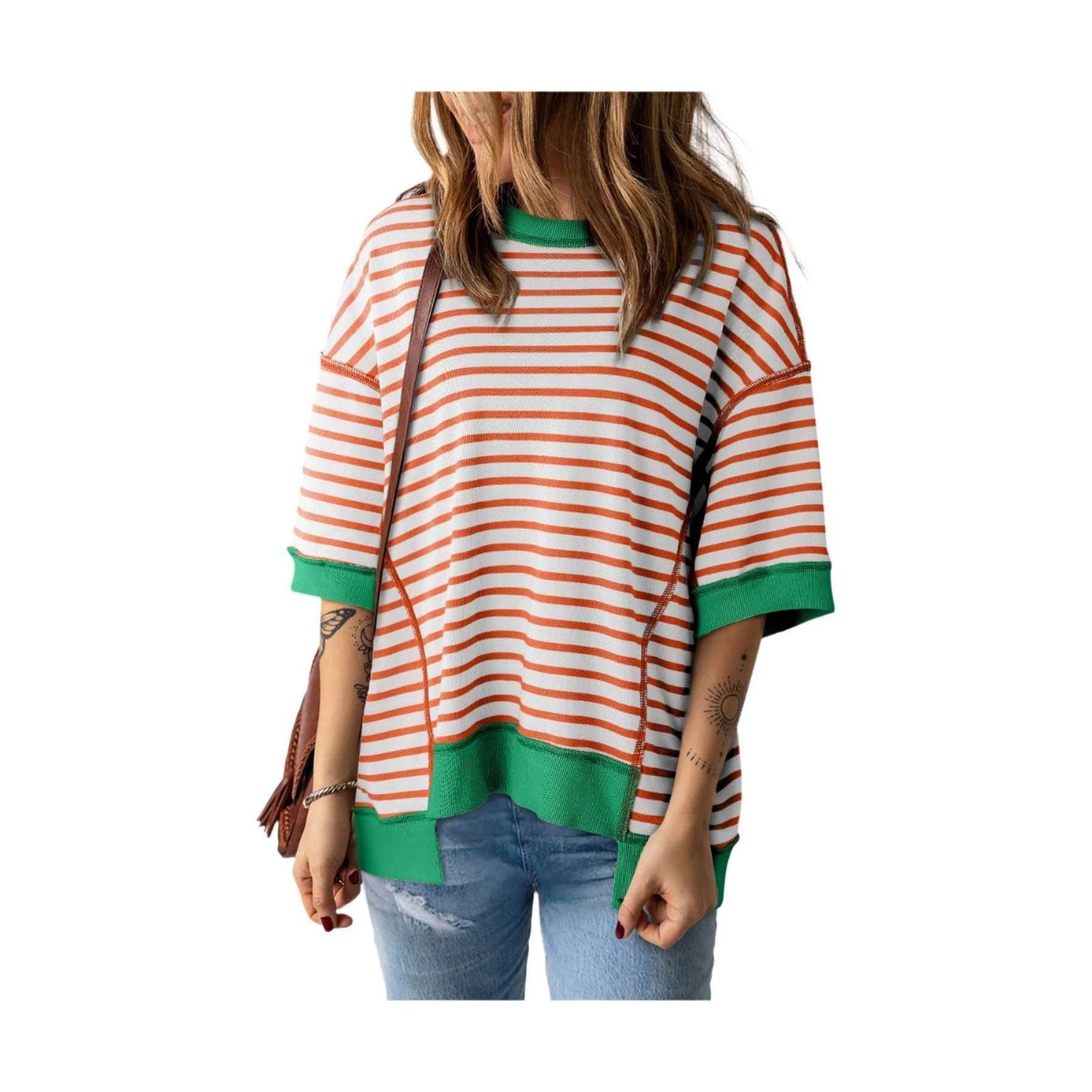 Orange Stripe Oversized Contrast Trim Exposed Seam High Low T Shirt - VacationGrabs