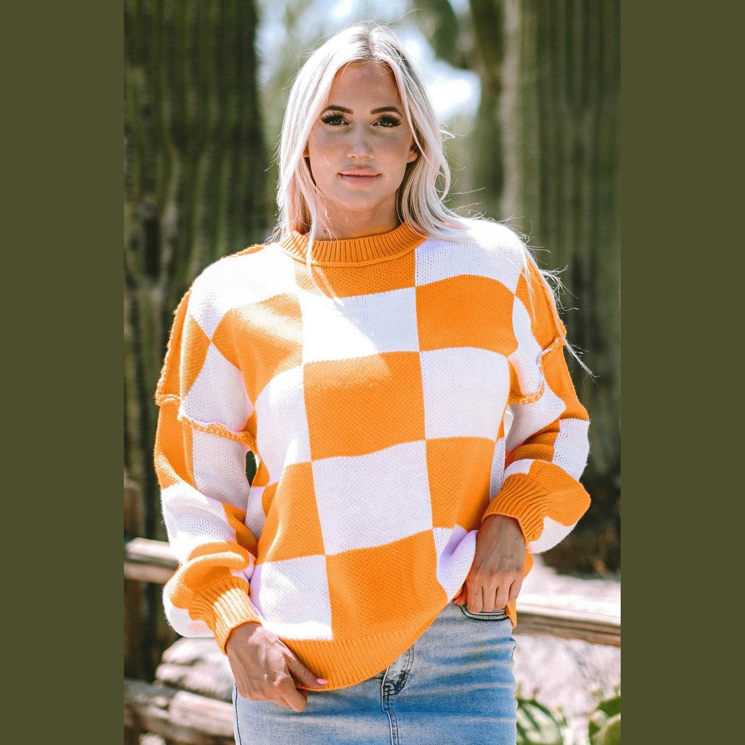 Orange Checkered Bishop Sleeve Sweater - VacationGrabs