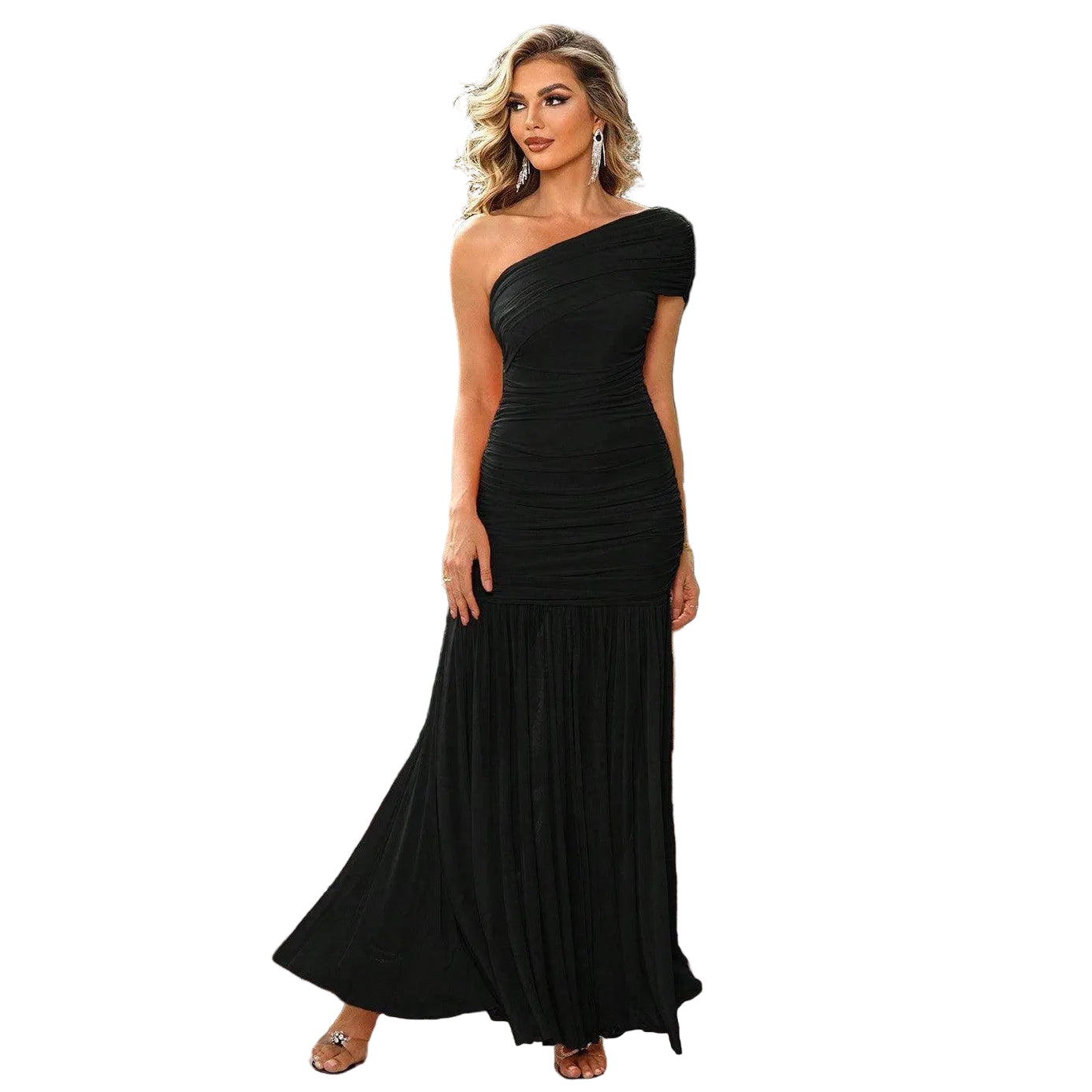 One-Shoulder Ruched Maxi Dresses - VacationGrabs