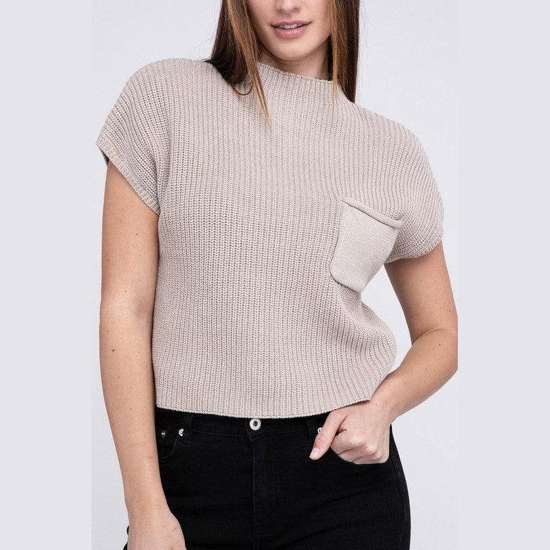 Mock Neck Short Sleeve Cropped Sweater - VacationGrabs