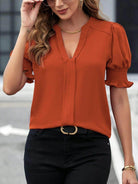 Notched Short Sleeve Blouse - VacationGrabs