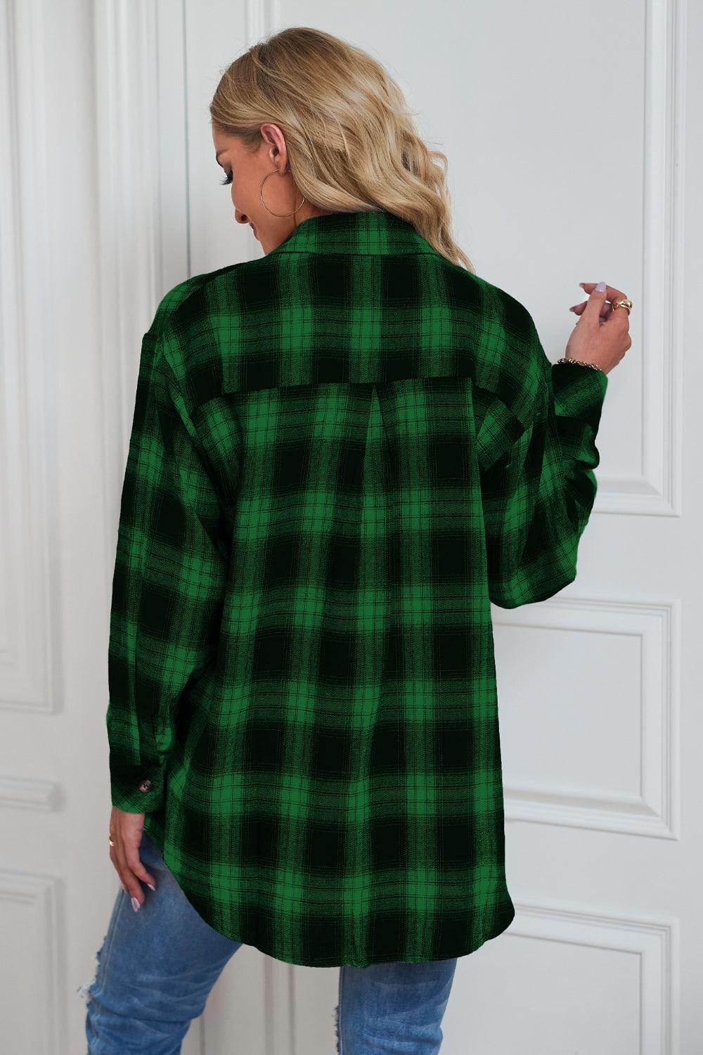 Plaid Button Up Dropped Shoulder Outerwear - VacationGrabs