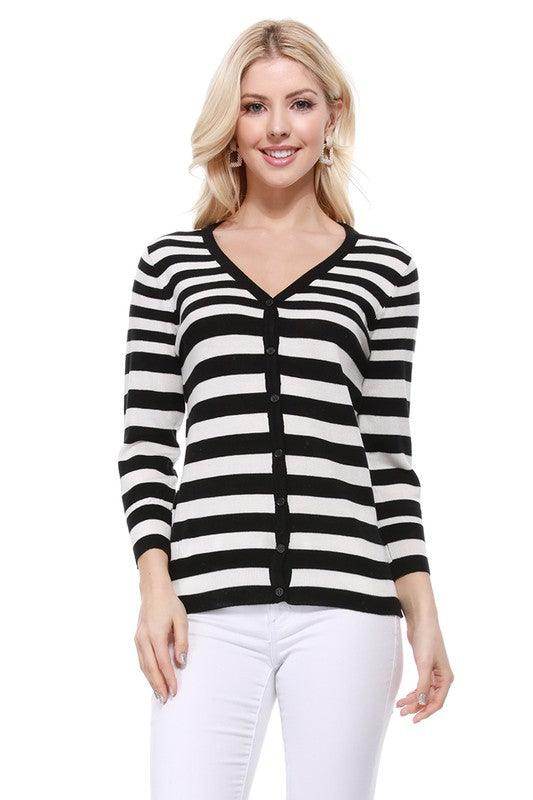 V Neck Striped Spandex Sweater Cardigan - VacationGrabs