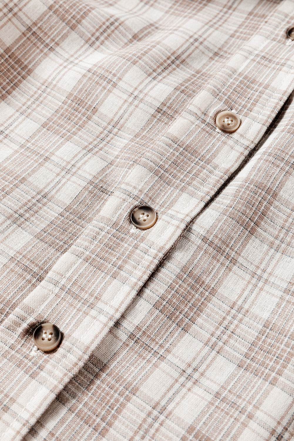 Khaki Checkered Print Loose Fit Buttoned Hooded Shacket - VacationGrabs