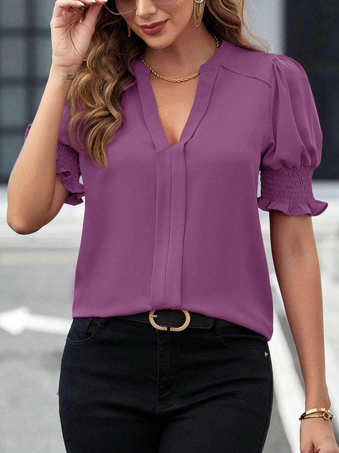 Notched Short Sleeve Blouse - VacationGrabs