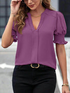 Notched Short Sleeve Blouse - VacationGrabs