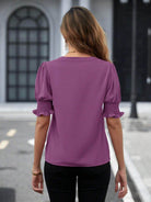 Notched Short Sleeve Blouse - VacationGrabs