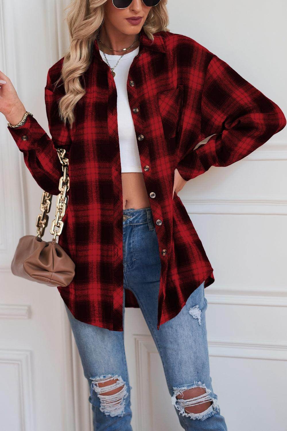 Plaid Button Up Dropped Shoulder Outerwear - VacationGrabs