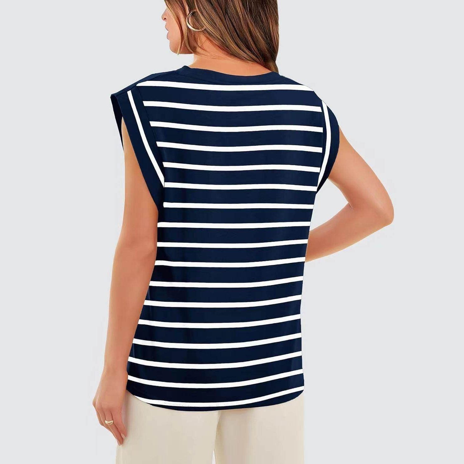 Striped Round Neck Cap Sleeve T-Shirt - VacationGrabs