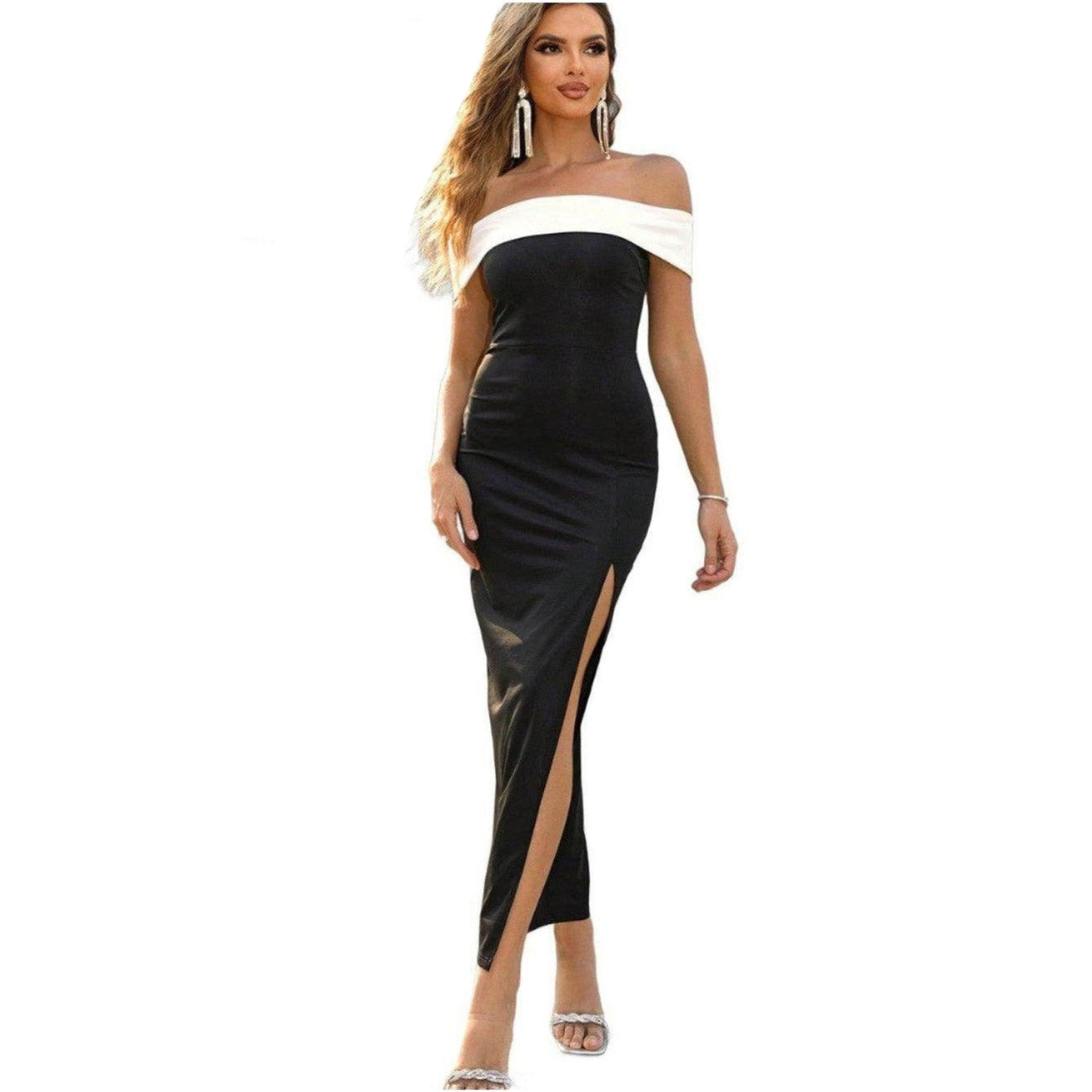 Contrast Off-Shoulder Slit Dress - VacationGrabs