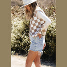 Khaki Checkered Sherpa Collared Jacket Vest - VacationGrabs