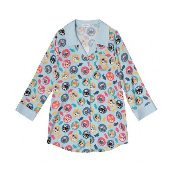 Cat Print Blue Sleep Shirt - VacationGrabs