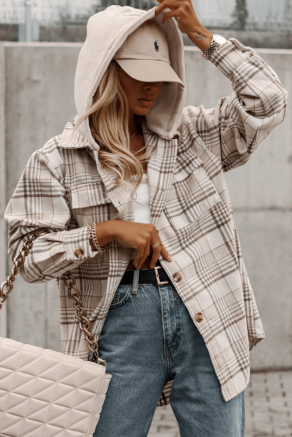 Khaki Plaid Removable Hood Buttoned Shacket - VacationGrabs