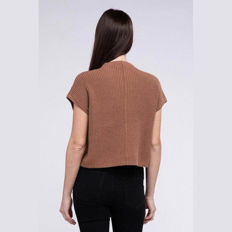 Mock Neck Short Sleeve Cropped Sweater - VacationGrabs