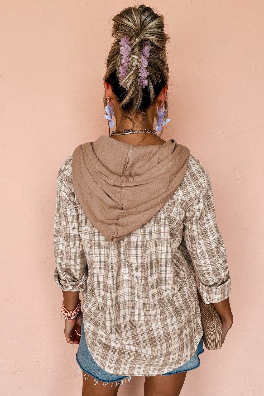 Khaki Checkered Print Loose Fit Buttoned Hooded Shacket - VacationGrabs