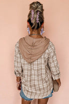 Khaki Checkered Print Loose Fit Buttoned Hooded Shacket - VacationGrabs