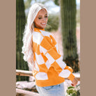 Orange Checkered Bishop Sleeve Sweater - VacationGrabs