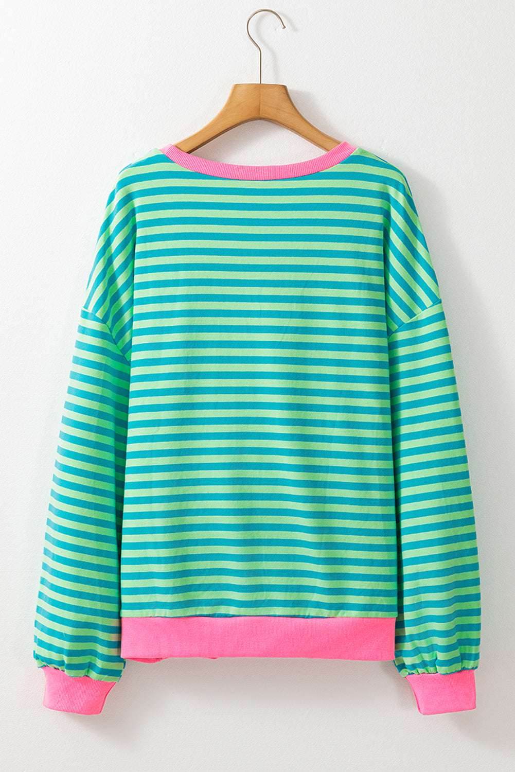 Sky Blue Stripe Oversized Contrast Trim Pullover Sweatshirt - VacationGrabs