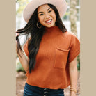 Gold Flame Patch Pocket Ribbed Knit Short Sleeve Sweater - VacationGrabs