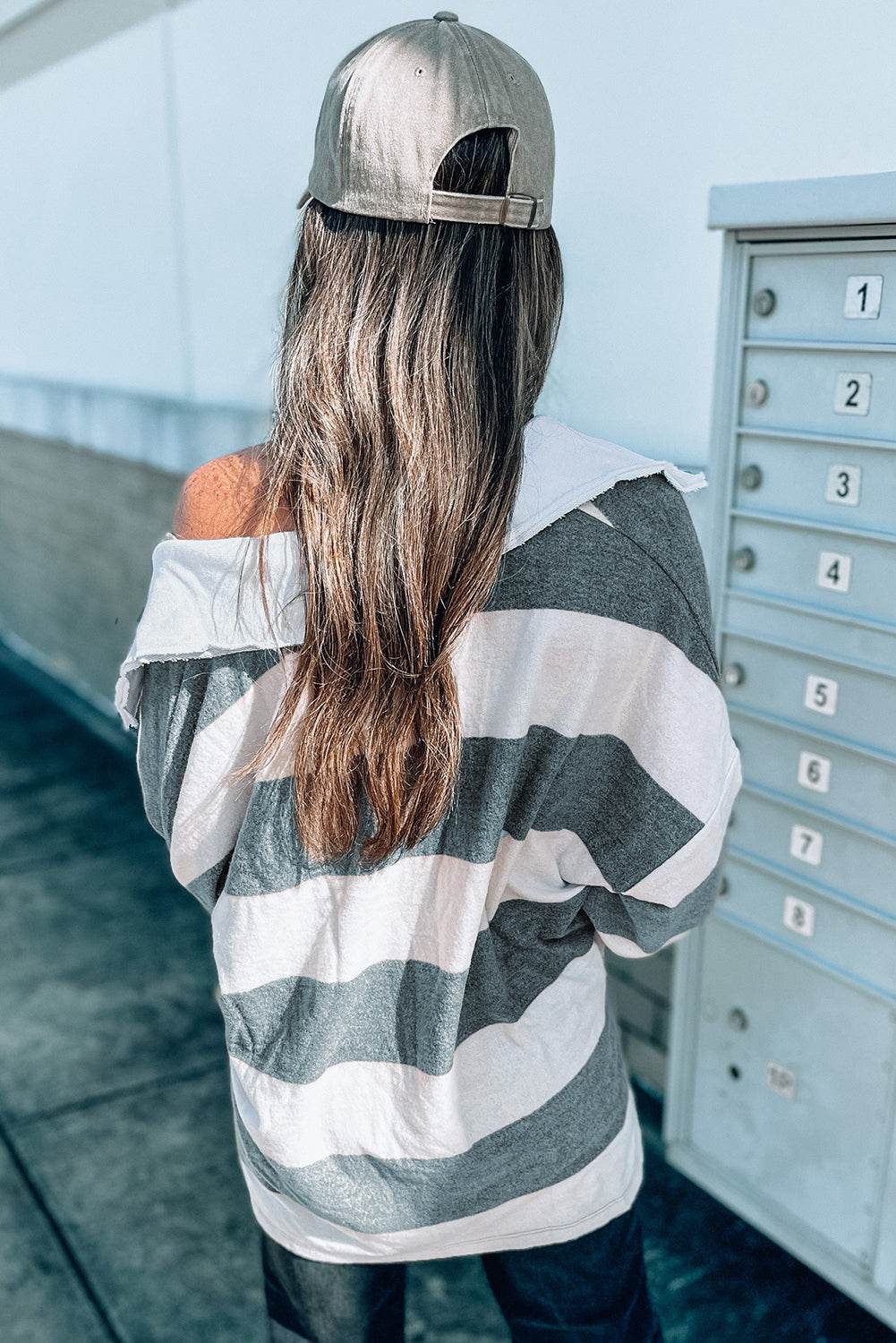 Stripe Oversized Collared Long Sleeve Top - VacationGrabs