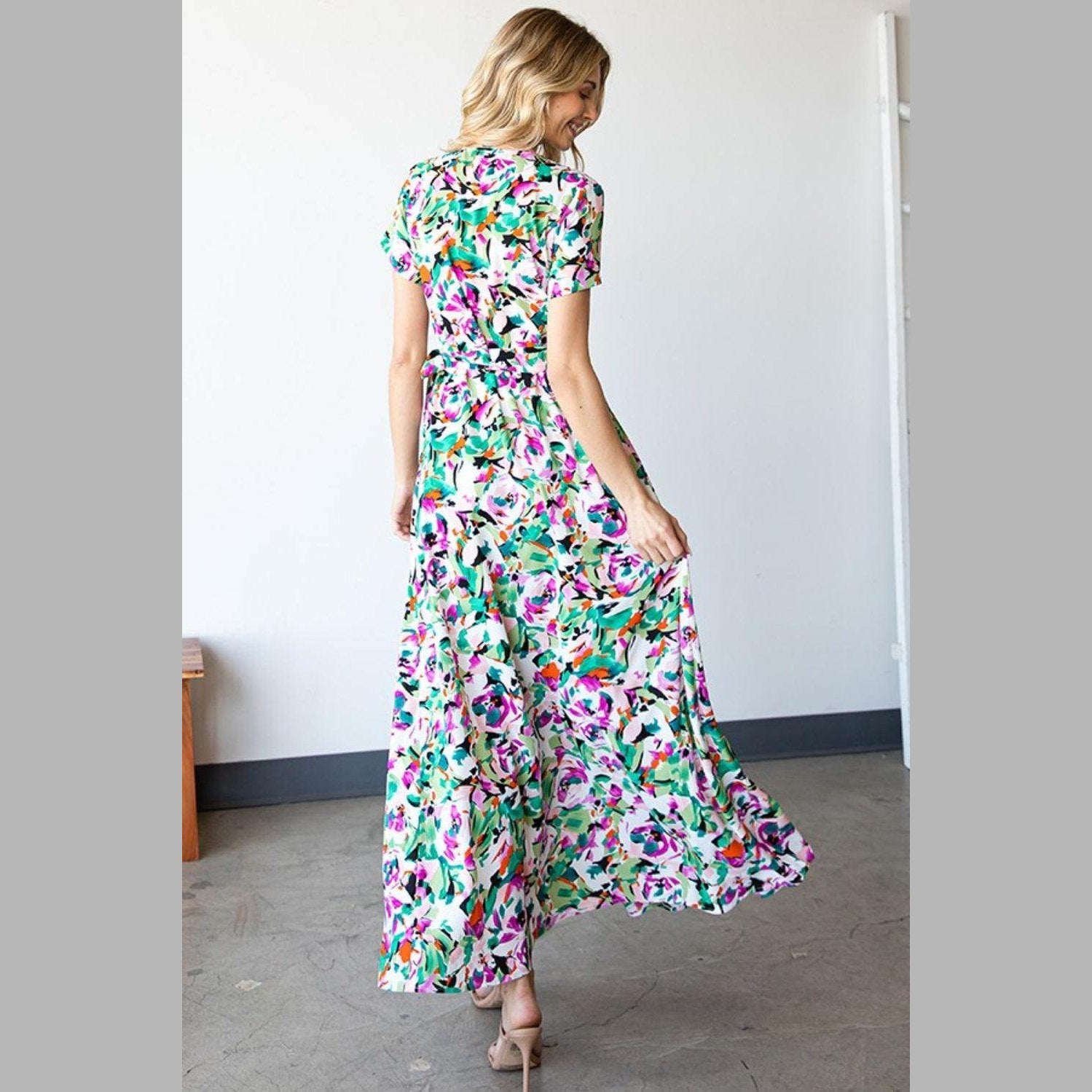 First Love Slit Printed Surplice Tie Waist Short Sleeve - VacationGrabs