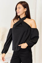 Double Take Grecian Cold Shoulder Long Sleeve Blouse - VacationGrabs