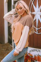 Khaki Color Block Long Sleeve Ribbed Loose Top - VacationGrabs
