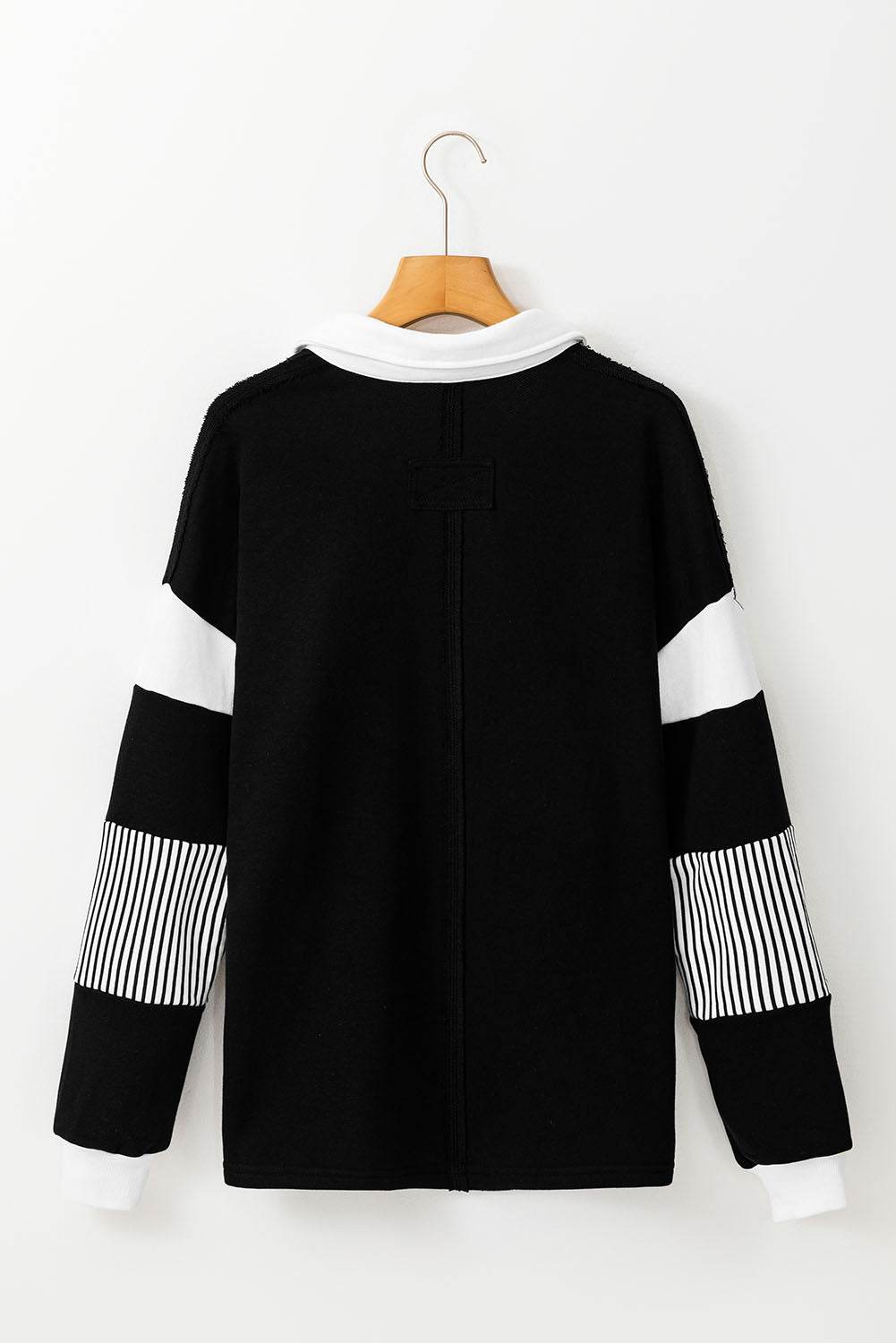 Black Striped Colorblock Patchwork Collar Sweatshirt - VacationGrabs
