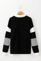Black Striped Colorblock Patchwork Collar Sweatshirt - VacationGrabs