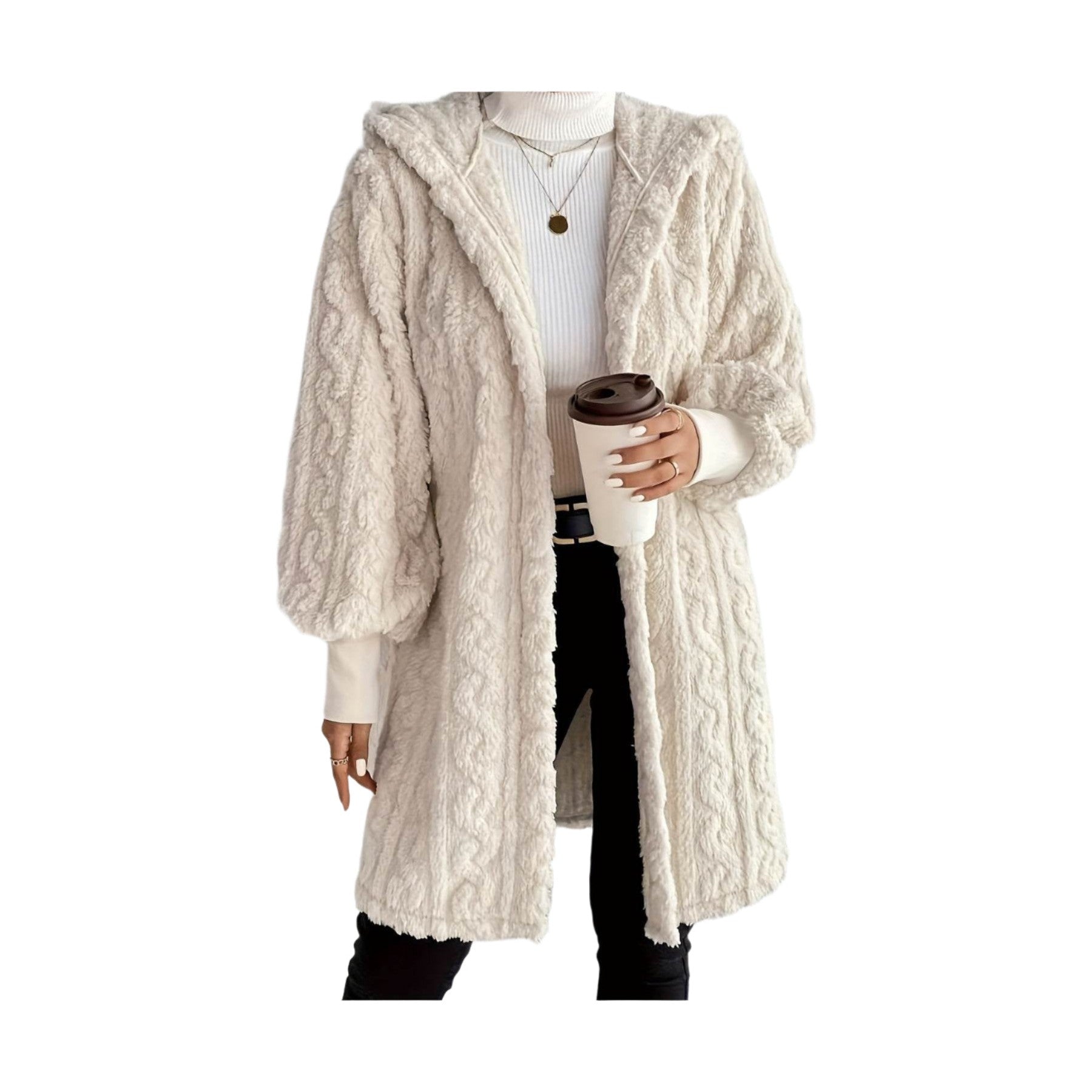 Open Front Long Sleeve Fuzzy Hooded Jacket - VacationGrabs