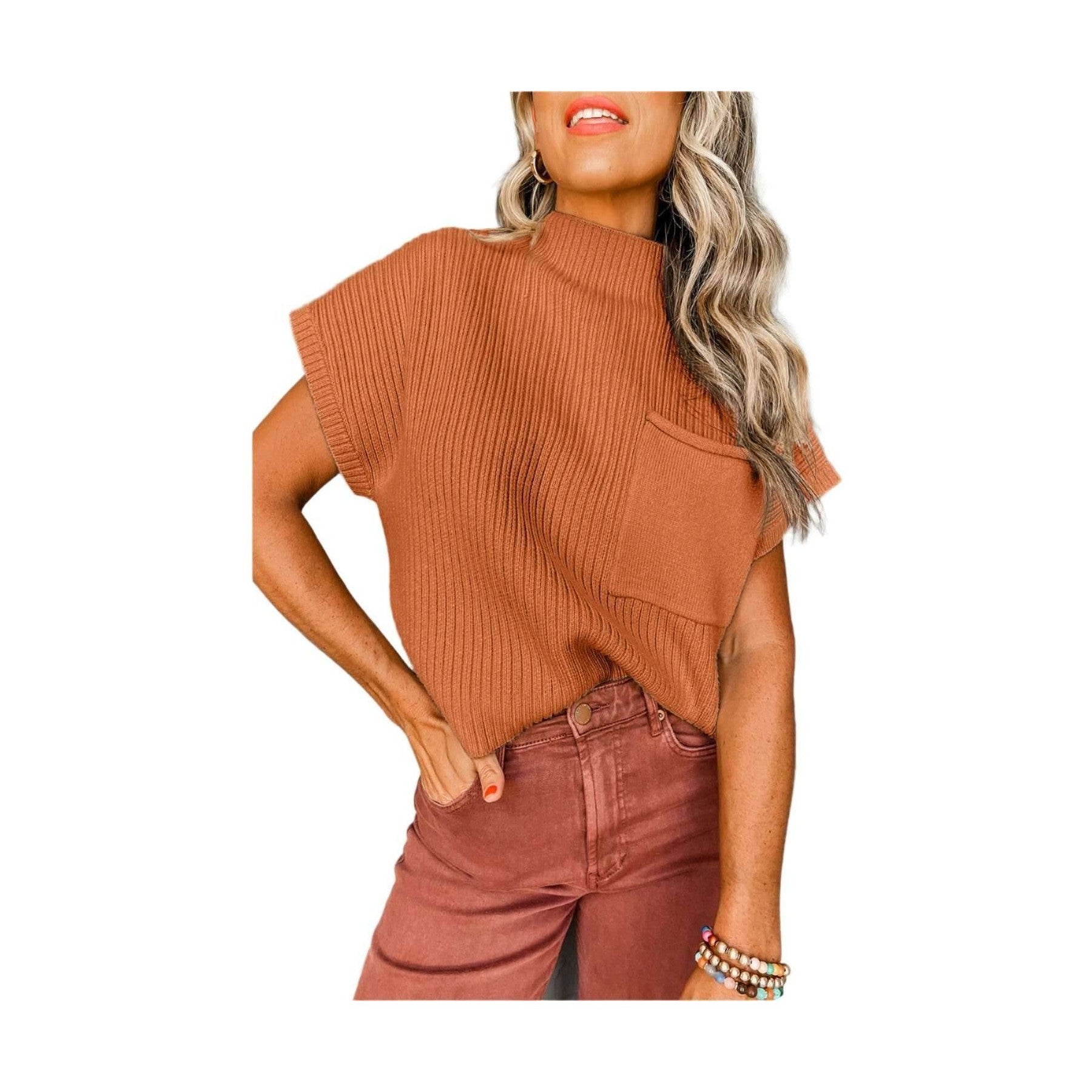Gold Flame Patch Pocket Ribbed Knit Short Sleeve Sweater - VacationGrabs