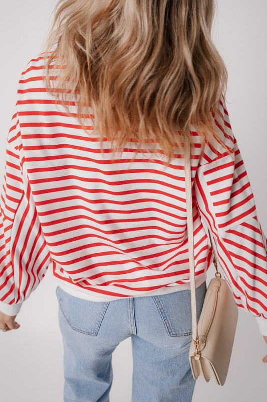 Women's striped drop shoulder sweatshirt in red and white with relaxed fit and casual style