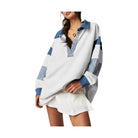 Dark Blue Striped Colorblock Patchwork Collar Sweatshirt - VacationGrabs