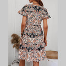 Printed V-Neck Tiered Dress - VacationGrabs