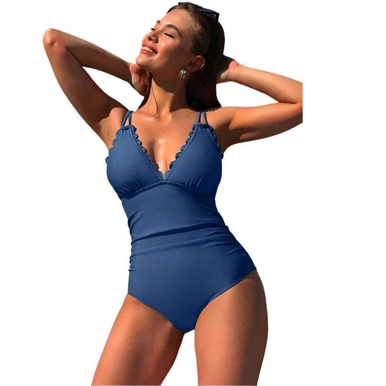Scalloped V Neck Cut Out Monokini Swimwear - VacationGrabs