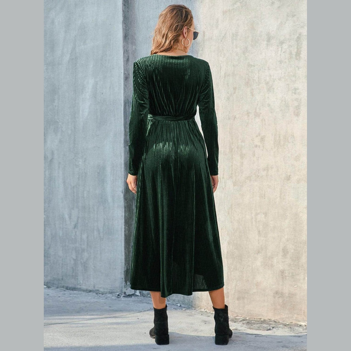 Tie Front Long Sleeve Slit Dress - VacationGrabs