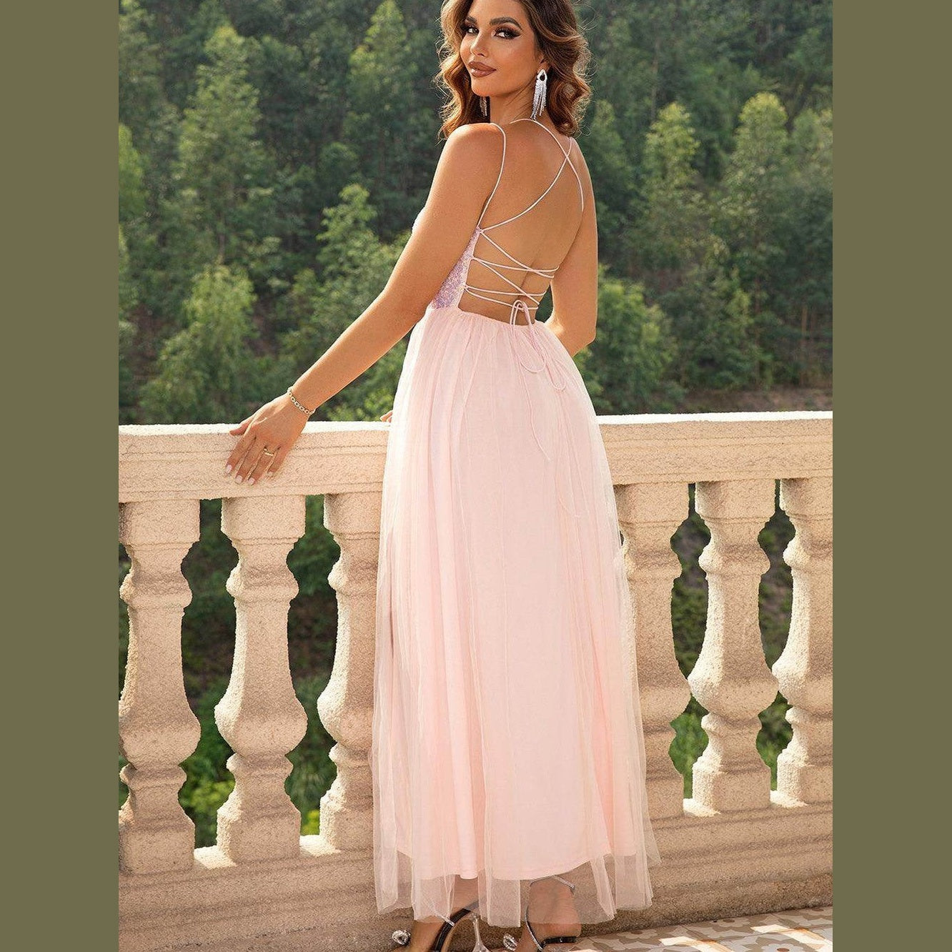 Lace-Up Backless Mesh Dress - VacationGrabs