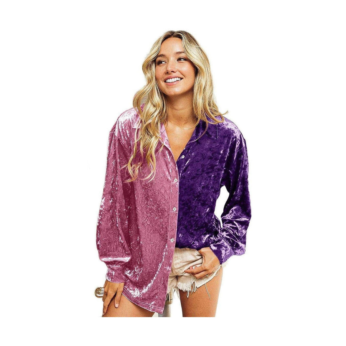 BiBi Contrast Button Up Long Sleeve Shirt - VacationGrabs