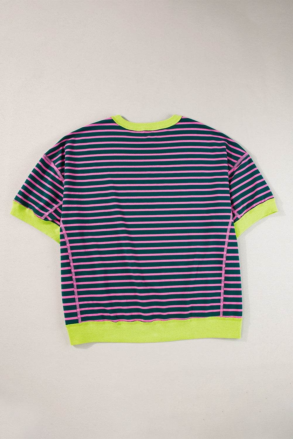 Green Stripe Oversized Contrast Trim Exposed Seam High Low T Shirt - VacationGrabs