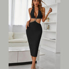Rhinestone Halter Neck Cutout Slit Midi Dress - VacationGrabs