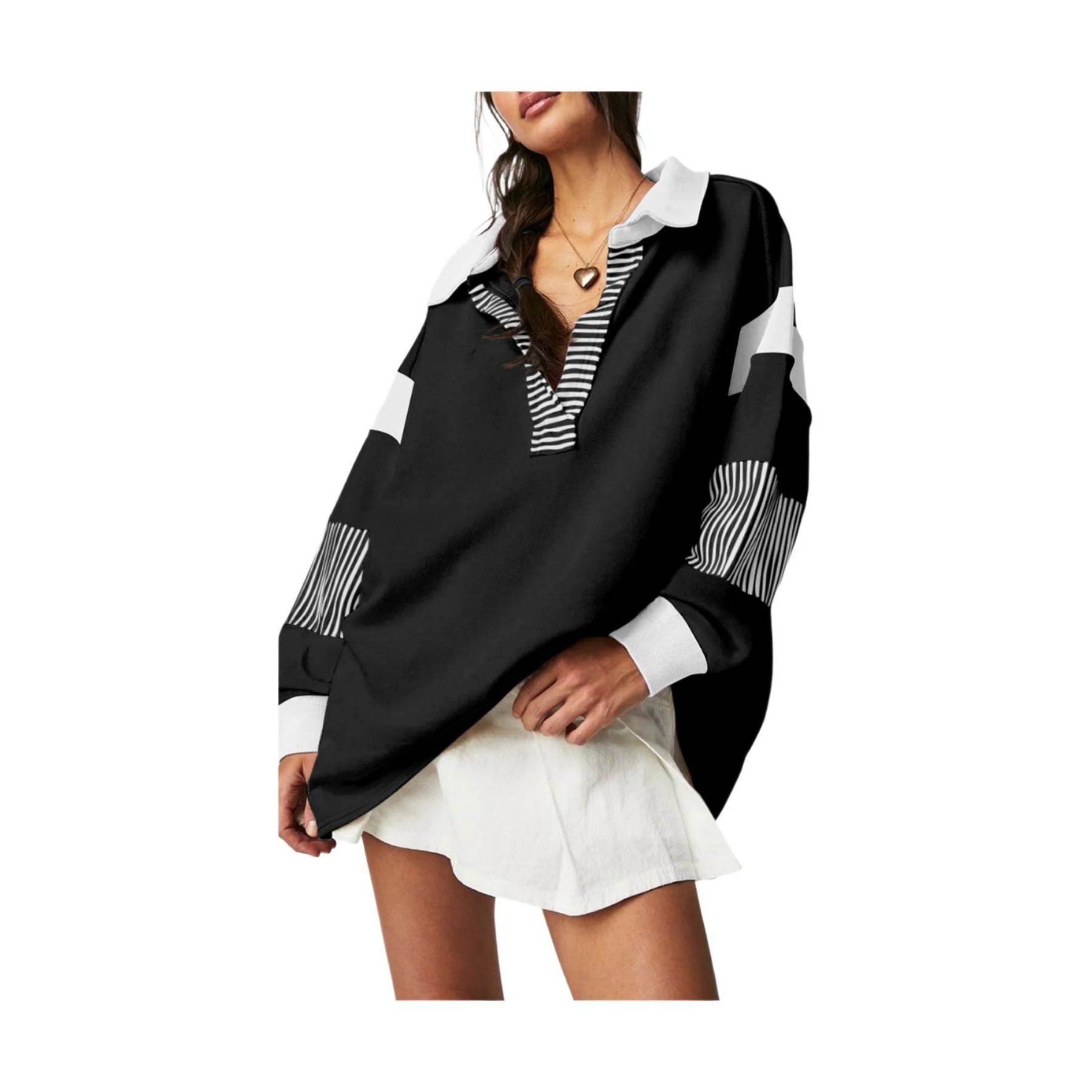 Black Striped Colorblock Patchwork Collar Sweatshirt - VacationGrabs