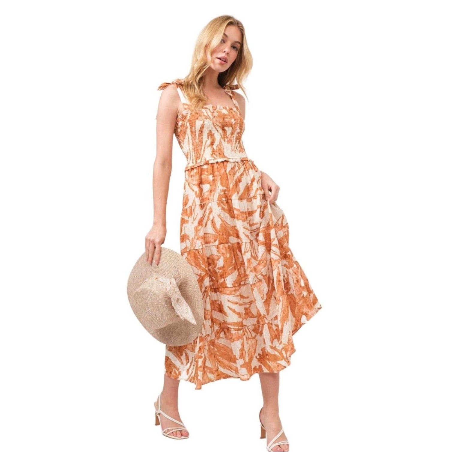 And The Why Tie Shoulder Smocked Midi Tiered Dress - VacationGrabs