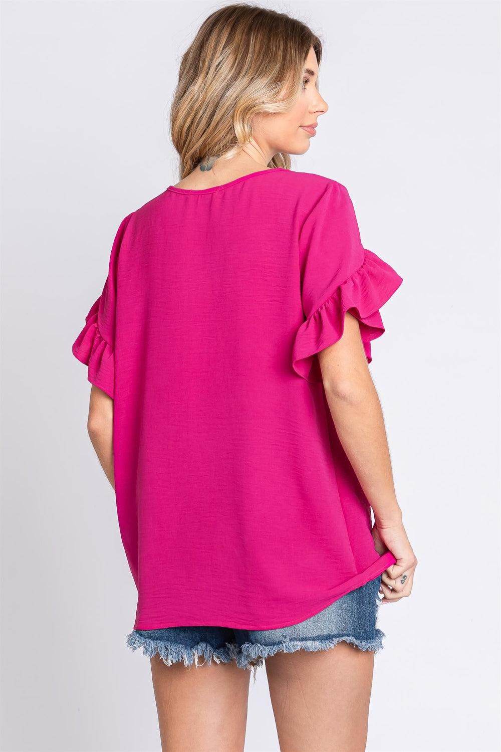 GeeGee V-Neck Ruffle Trim Short Sleeve Blouse - VacationGrabs