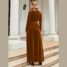 Tie Front Round Neck Long Sleeve Maxi Dress - VacationGrabs